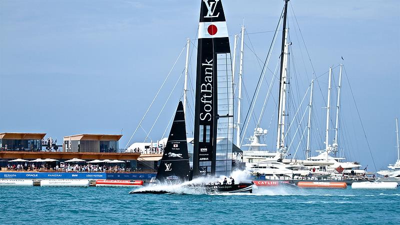 Softbank Team Japan finishes in a splash - Race 11 - Round Robin2, America's Cup Qualifier - Day 7, June 2, 2017 (ADT) photo copyright Richard Gladwell taken at  and featuring the AC50 class