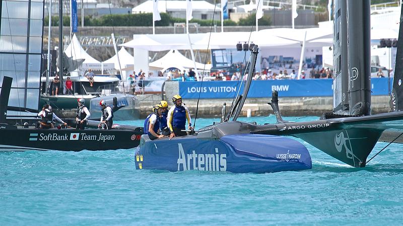 Time to reflect - Artemis Racing and Softbank Team Japan after Race 11 - Round Robin2, America's Cup Qualifier - Day 7, June 2, 2017 (ADT) photo copyright Richard Gladwell taken at  and featuring the AC50 class