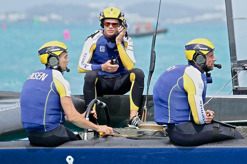 Iain Jensen, Nathan Outteridge and Iain Percy - Artemis Racing after the finish of Race 11 - Round Robin2, America's Cup Qualifier - Day 7, June 2, 2017 (ADT) - photo © Richard Gladwell