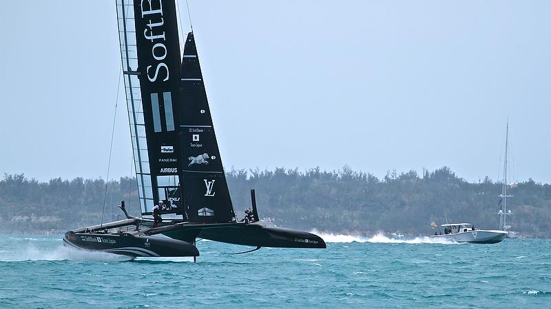 Softbank Team Japan races the VIP boat - Race 8 - Round Robin2, America's Cup Qualifier - Day 7, June 2, 2017 (ADT) photo copyright Richard Gladwell taken at  and featuring the AC50 class