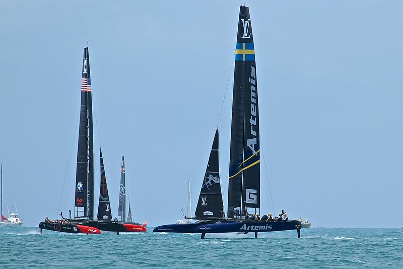 Artemis Racing crosses ahead of Oracle Team USA - Leg 3 - Race 9 - Round Robin2, America's Cup Qualifier - Day 7, June 2, 2017 (ADT) photo copyright Richard Gladwell taken at  and featuring the AC50 class