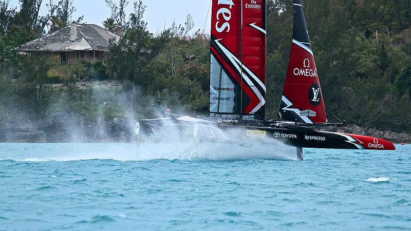 Emirates Team New Zealand leaves a misty rooster tail - Round Robin 2, Day 7 - 35th America's Cup - Bermuda June 2, 2017 photo copyright Richard Gladwell taken at  and featuring the AC50 class