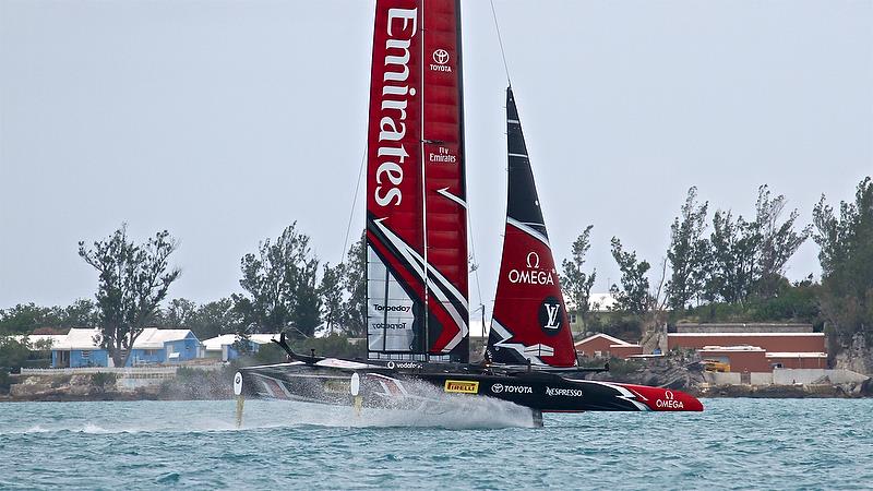 Emirates Team New Zealand train alone before the start of racing - Round Robin2, America's Cup Qualifier - Day 8, June 3, 2017 (ADT) photo copyright Richard Gladwell taken at  and featuring the AC50 class