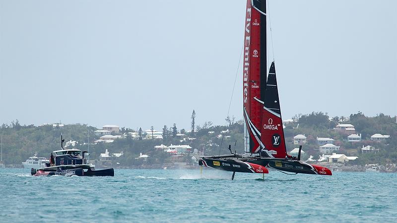 Emirates Team New Zealand and TV camera boat - Race 12 - Round Robin2, America's Cup Qualifier - Day 8, June 3, 2017 (ADT) photo copyright Richard Gladwell taken at  and featuring the AC50 class