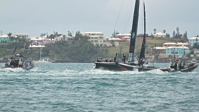 Oracle Team USA and chase boats before the start - Race 15 - Round Robin2, America's Cup Qualifier - Day 8, June 3, 2017 (ADT) photo copyright Richard Gladwell taken at  and featuring the AC50 class