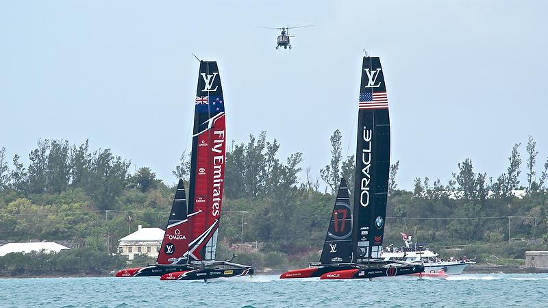 Oracle Team USA works over Emirates Team NZ at the start of Race 12 - Round Robin2, America's Cup Qualifier - Day 8, June 3, 2017 (ADT) - photo © Richard Gladwell