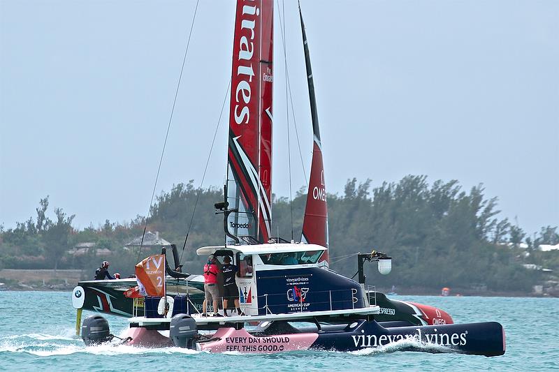 TV camera boat - Round Robin2, America's Cup Qualifier - Day 8, June 3, 2017 (ADT) photo copyright Richard Gladwell taken at  and featuring the AC50 class