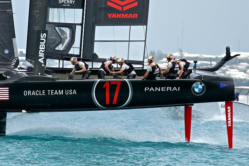 Tom Slingsby in the `hybrid` grinding position aft of the helmsman - Round Robin2, America's Cup Qualifier - Day 8, June 3, 2017 (ADT) - photo © Richard Gladwell