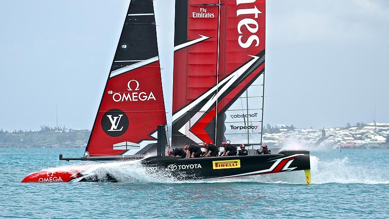 Emirates Team New Zealand finish race 12 with a splash for the spectators - Round Robin2, America's Cup Qualifier - Day 8, June 3, 2017 (ADT) - photo © Richard Gladwell