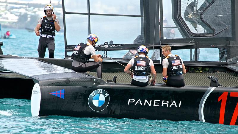Oracle Team USA debriefs after race 12 - Round Robin2, America's Cup Qualifier - Day 8, June 3, 2017 (ADT) photo copyright Richard Gladwell taken at  and featuring the AC50 class