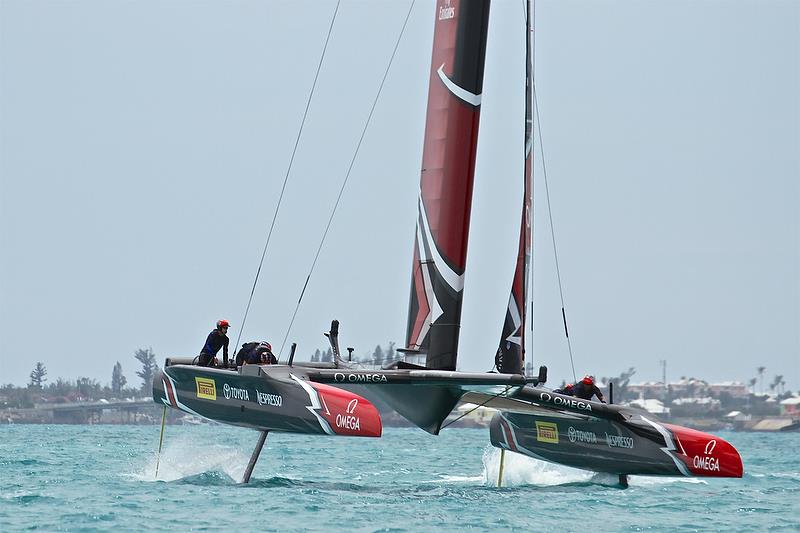 Emirates Team New Zealand turns into a gybe - Race 12 - Round Robin2, America's Cup Qualifier - Day 8, June 3, 2017 (ADT) photo copyright Richard Gladwell taken at  and featuring the AC50 class