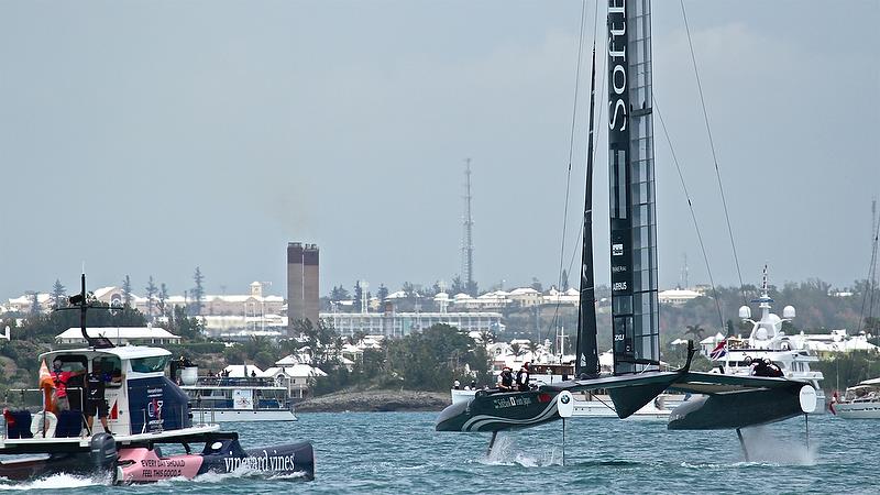 TV camera boat with Softbank Team Japan - Race 13 - Round Robin2, America's Cup Qualifier - Day 8, June 3, 2017 (ADT) photo copyright Richard Gladwell taken at  and featuring the AC50 class