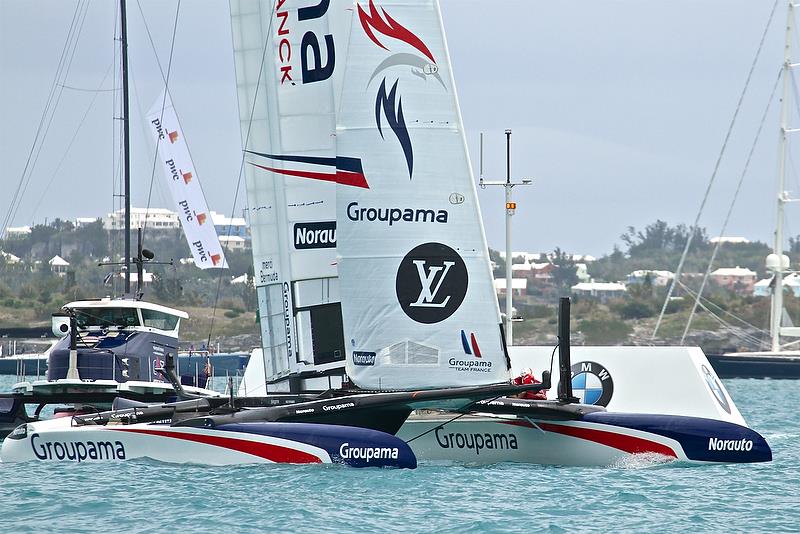 TV camera boat chases Groupama Team France around Mark 2 - Round Robin2, America's Cup Qualifier - Day 8, June 3, 2017 (ADT) photo copyright Richard Gladwell taken at  and featuring the AC50 class