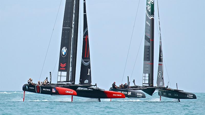 Oracle Team USA leads Land Rovee BAR - Race 15 - Leg 2Round Robin2, America's Cup Qualifier - Day 8, June 3, 2017 (ADT) photo copyright Richard Gladwell taken at  and featuring the AC50 class