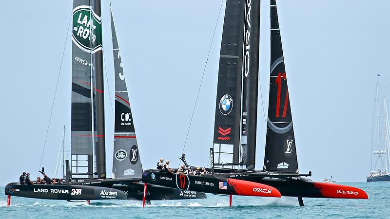 Oracle era USA leads Land Rovee BAR - Race 15 - Leg 2Round Robin2, America's Cup Qualifier - Day 8, June 3, 2017 (ADT) photo copyright Richard Gladwell taken at  and featuring the AC50 class