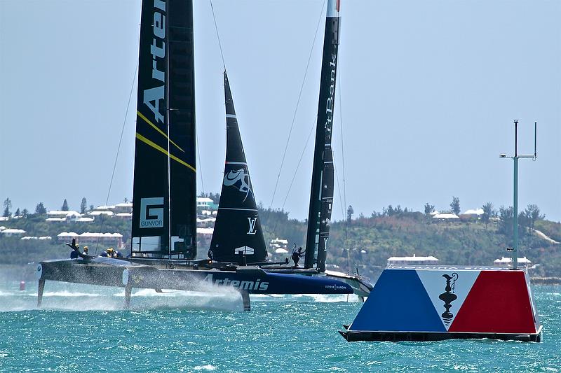 Artemis Racing and Softbank Team Japan converge ahead of the start of Race 2 - Semi-Finals, America's Cup Playoffs- Day 10, June 5, 2017 (ADT) photo copyright Richard Gladwell taken at  and featuring the AC50 class