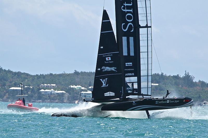 Softbank Team Japan digs in ahead of her start in Race 2 - Semi-Finals, America's Cup Playoffs- Day 10, June 5, 2017 (ADT) photo copyright Richard Gladwell taken at  and featuring the AC50 class
