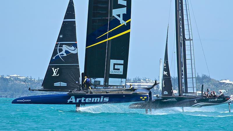 Softbank Team Japan attempts to pass behind Artemis racing - Leg 2, Race 2 - Semi-Finals, America's Cup Playoffs- Day 10, June 5, 2017 (ADT) photo copyright Richard Gladwell taken at  and featuring the AC50 class