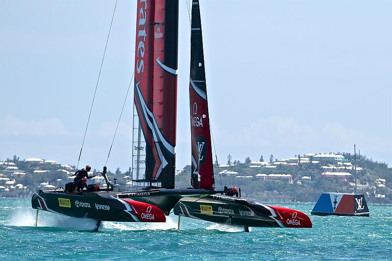 Emirates Team New Zealand - mid way through a foiling gybe with the jib slack and the windsail moving across the boat - Semi-Finals, America's Cup Playoffs- Day 10, June 5, 2017 (ADT) photo copyright Richard Gladwell taken at  and featuring the AC50 class