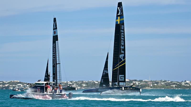 Softbank Team Japan leads Artemis Racing - plus camera boat - Leg 2 - Race 2 - Semi-Finals, America's Cup Playoffs- Day 10, June 5, 2017 (ADT) photo copyright Richard Gladwell taken at  and featuring the AC50 class