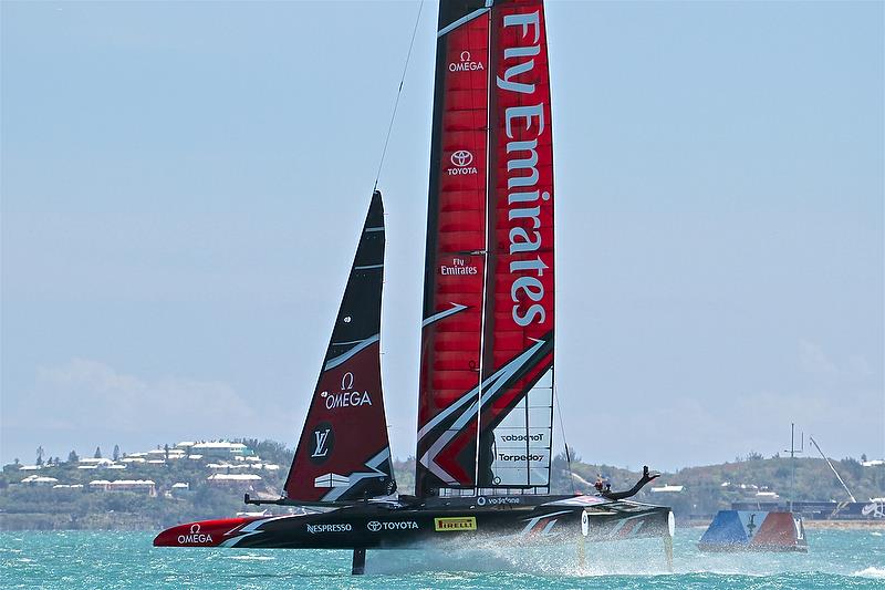 Emirates Team NZ crosses the start line just before the start is black flagged - Semi-Finals, America's Cup Playoffs- Day 10, June 5, 2017 (ADT) photo copyright Richard Gladwell taken at  and featuring the AC50 class