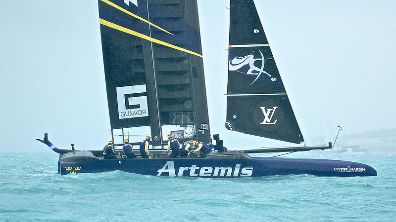 Blue penalty lights flash on board Artemis Racing while she sits out a penalty against Softbank Team Japan - Leg 5, Race 4 - Semi-Finals, America's Cup Playoffs- Day 11, June 6, 2017 (ADT) photo copyright Richard Gladwell taken at  and featuring the AC50 class