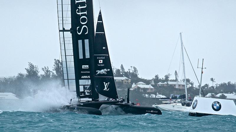 Softbank Team Japan leads around Mark 6 - Race 4 - Semi-Finals, America's Cup Playoffs- Day 11, June 6, 2017 (ADT) photo copyright Richard Gladwell taken at  and featuring the AC50 class