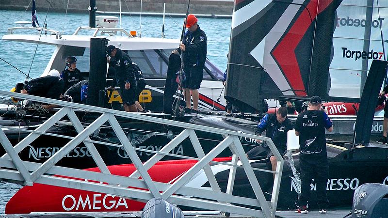 Emirates Team New Zealand - bailing the bow after Race 4 - Semi-Finals, America's Cup Playoffs- Day 11, June 6, 2017 (ADT) photo copyright Richard Gladwell taken at  and featuring the AC50 class