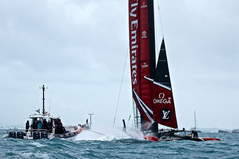 Emirates Team New Zealand - recovery - The AC50 comes upright with a splash - Race 4 - Semi-Finals, America's Cup Playoffs- Day 11, June 6, 2017 (ADT) photo copyright Richard Gladwell taken at  and featuring the AC50 class