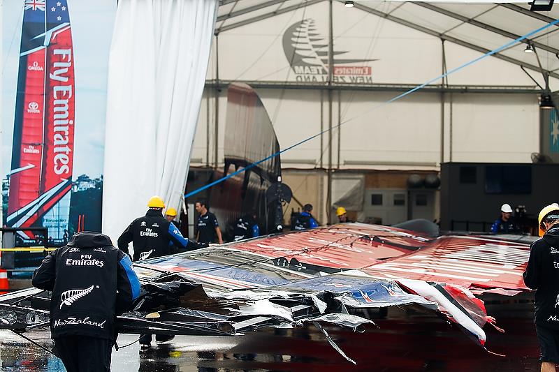 Wingsail goes back into the shed - Emirates Team New Zealand's nosedive - June 6, 2018. Semi-Final 4, America's Cup Playoffs photo copyright Richard Hodder taken at  and featuring the AC50 class