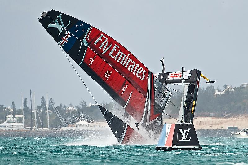 Emirates Team New Zealand's nosedive - June 6, 2018. Semi-Final 4, America's Cup Playoffs photo copyright Richard Hodder taken at  and featuring the AC50 class