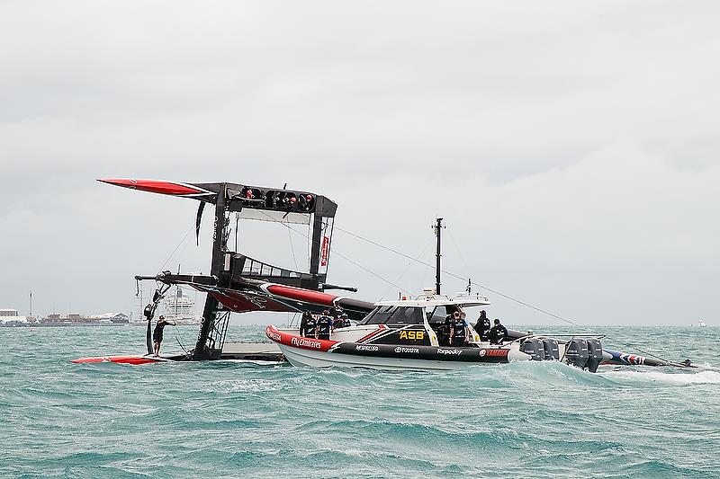 Recovery begins after Emirates Team New Zealand's nosedive - June 6, 2018. Semi-Final 4, America's Cup Playoffs photo copyright Richard Hodder taken at  and featuring the AC50 class