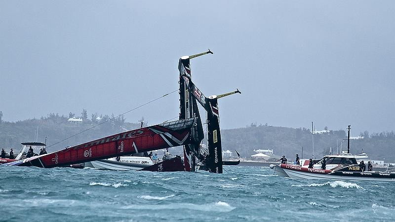 Emirates Team New Zealand - recovery - Race 4 - Semi-Finals, America's Cup Playoffs- Day 11, June 6, 2017 (ADT) photo copyright Richard Gladwell taken at  and featuring the AC50 class