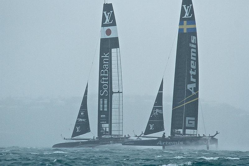 The murk closed in for the start of Race 4 - Softbank Team Japan and Artemis Racing - Semi-Finals, America's Cup Playoffs- Day 11, June 6, 2017 (ADT) photo copyright Richard Gladwell taken at  and featuring the AC50 class