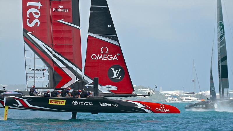 Land Rover BAR - Leads around Mark 3 but ETNZ have closed the gap to just 11 secs - Restart - Semi-Finals, Day 11 - 35th America's Cup - Bermuda June 6, 2017 photo copyright Richard Gladwell taken at  and featuring the AC50 class