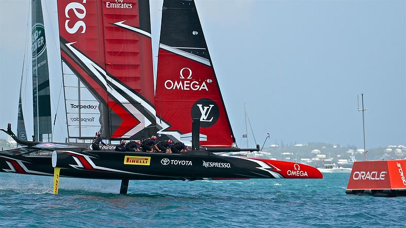 Land Rover BAR in the background - Leads around Mark 3 but ETNZ have closed the gap to just 11 secs - Restart - Semi-Finals, Day 11 - 35th America's Cup - Bermuda June 6, 2017 photo copyright Richard Gladwell taken at  and featuring the AC50 class