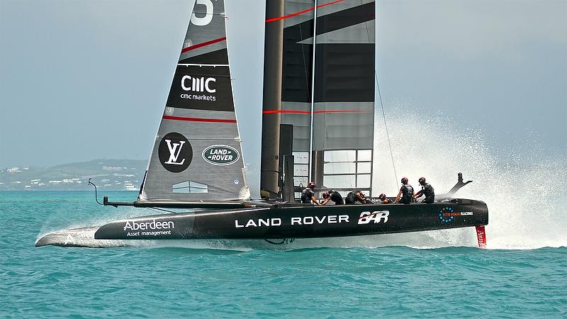 Land Rover BAR exits the regatta in a shower of spray - finish of Race 5 - Semi-Finals, America's Cup Playoffs- Day 12, June 8, 2017 (ADT) - photo © Richard Gladwell