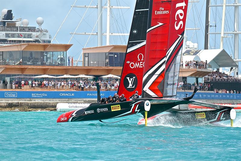 Emirates Team New Zealand crosses the finish line in Race 5  - Semi-Finals, America's Cup Playoffs- Day 12, June 8, 2017 (ADT) - photo © Richard Gladwell