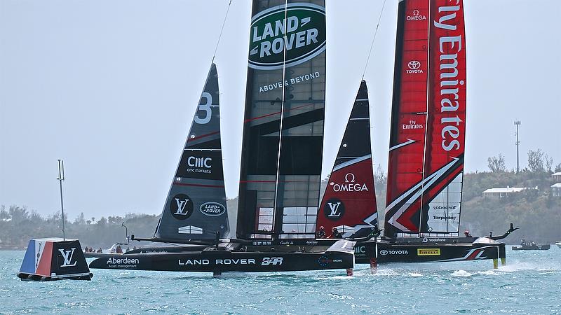 Land Rover BAR and Emirates Team New cross the start one for Race 6 - Semi-Finals, America's Cup Playoffs- Day 12, June 8, 2017 (ADT) photo copyright Richard Gladwell taken at  and featuring the AC50 class