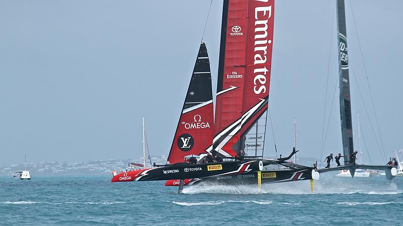 Emirates Team New Zealand trails on Leg 2 of Race 6 heading for Mark 4 - Semi-Finals, America's Cup Playoffs- Day 12, June 8, 2017 (ADT) photo copyright Richard Gladwell taken at  and featuring the AC50 class
