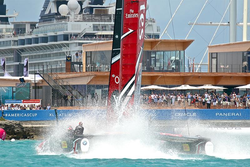 Victory slash down - Emirates Team New Zealand - Finish line - Race 5 -Semi-Finals, America's Cup Playoffs- Day 12, June 8, 2017 (ADT) photo copyright Richard Gladwell taken at  and featuring the AC50 class