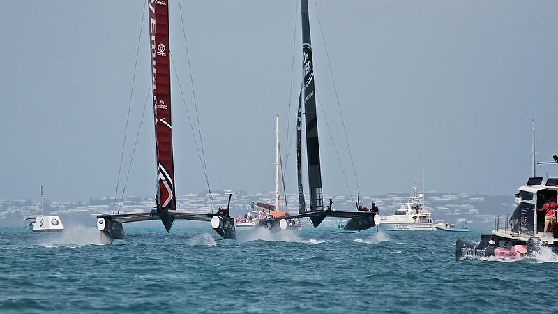 Emirates Team New Zealand trails on Leg 2 of Race 6 - Semi-Finals, America's Cup Playoffs- Day 12, June 8, 2017 (ADT) photo copyright Richard Gladwell taken at  and featuring the AC50 class