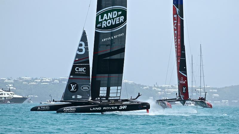 Land Rover BAR leads Emirates Team New on Leg 4 - Race 6 - Semi-Finals, America's Cup Playoffs- Day 12, June 8, 2017 (ADT) photo copyright Richard Gladwell taken at  and featuring the AC50 class