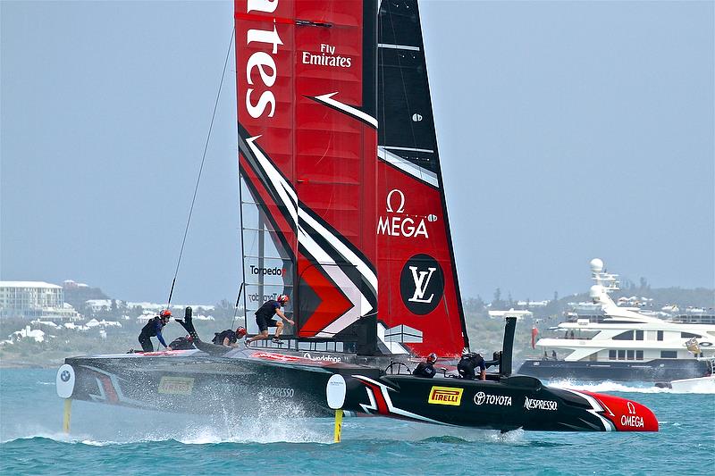 Emirates Team New Zealand does a foiling tack - Leg 3 - Race 6 -Semi-Finals, America's Cup Playoffs- Day 12, June 8, 2017 (ADT) photo copyright Richard Gladwell taken at  and featuring the AC50 class