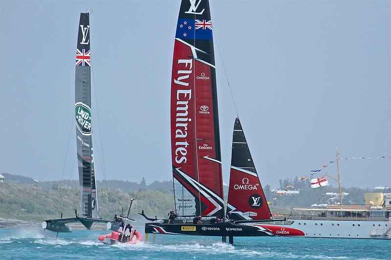 Emirates Team New Zealand crosses behind Land Rover BAR with Brit's backer, Sir Keith Mills yacht in the background - Leg 3 - Race 6 - Semi-Finals, America's Cup Playoffs- Day 12, June 8, 2017 (ADT) photo copyright Richard Gladwell taken at  and featuring the AC50 class