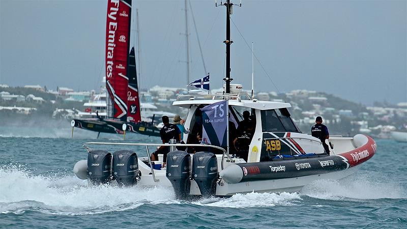 Dalts in his standard position in the bow of the main chase boat - Semi-Finals, America's Cup Playoffs- Day 12, June 8, 2017 (ADT) photo copyright Richard Gladwell taken at  and featuring the AC50 class