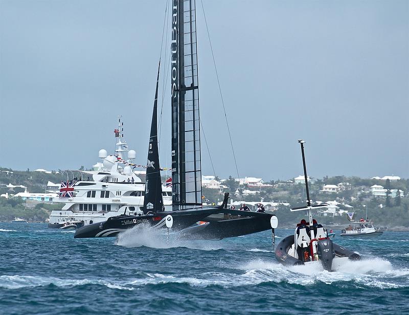 Softbank Team Japan - head for the British supporters - Leg 2 - Race 6 -- Semi-Finals, America's Cup Playoffs- Day 12, June 8, 2017 (ADT) photo copyright Richard Gladwell taken at  and featuring the AC50 class