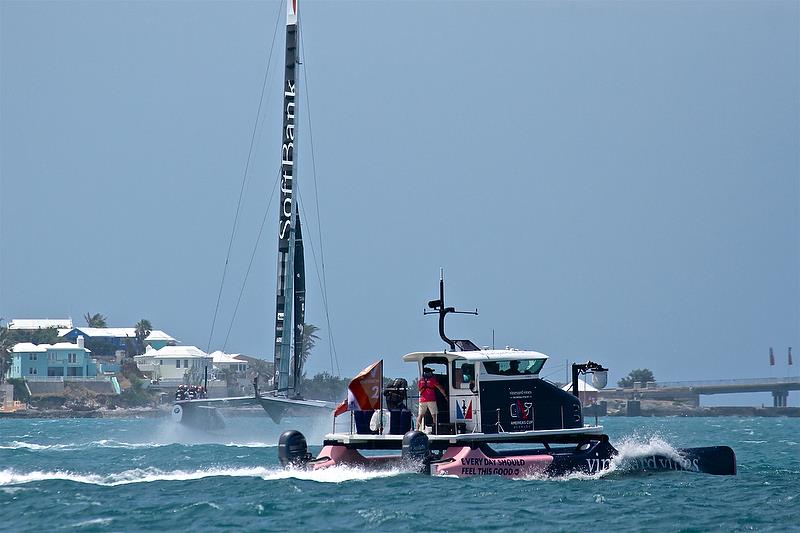 Softbank Team Japan and TV camera boat - Leg 4 -Race 8 - Semi-Finals, America's Cup Playoffs- Day 13, June 9, 2017 (ADT) - photo © Richard Gladwell