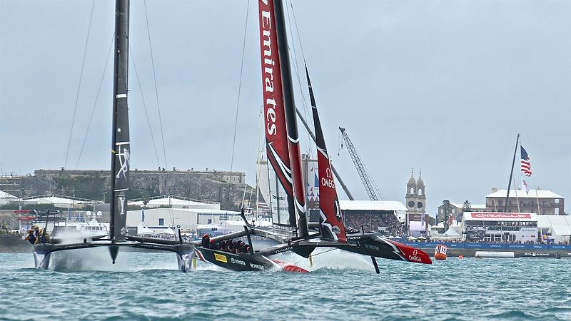 Emirates Team New Zealand has a dig at Artemis Racing in the pre-start of Race 3 -Challenger Final, Day 1 - 35th America's Cup - Day 14 - Bermuda June 10, 2017 photo copyright Richard Gladwell taken at  and featuring the AC50 class