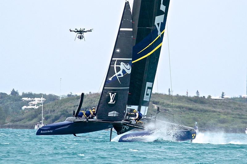 Drone over Artemis Racing - Leg 6 - Race 4 - Finals, America's Cup Playoffs- Day 15, June 11, 2017 (ADT) photo copyright Richard Gladwell taken at  and featuring the AC50 class
